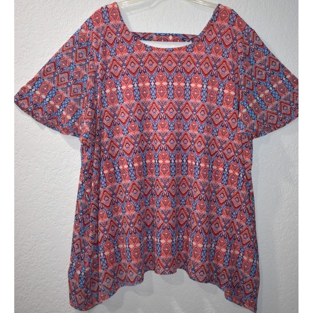 Catherines 2X Stretch Top Colorful Lined‎ Short Sleeve Shark-bite hem Tropical